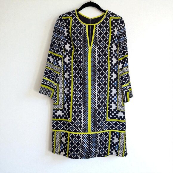 Vince Camuto keyhole geometric print shift dress blue/white/neon yellow-green - Picture 3 of 14